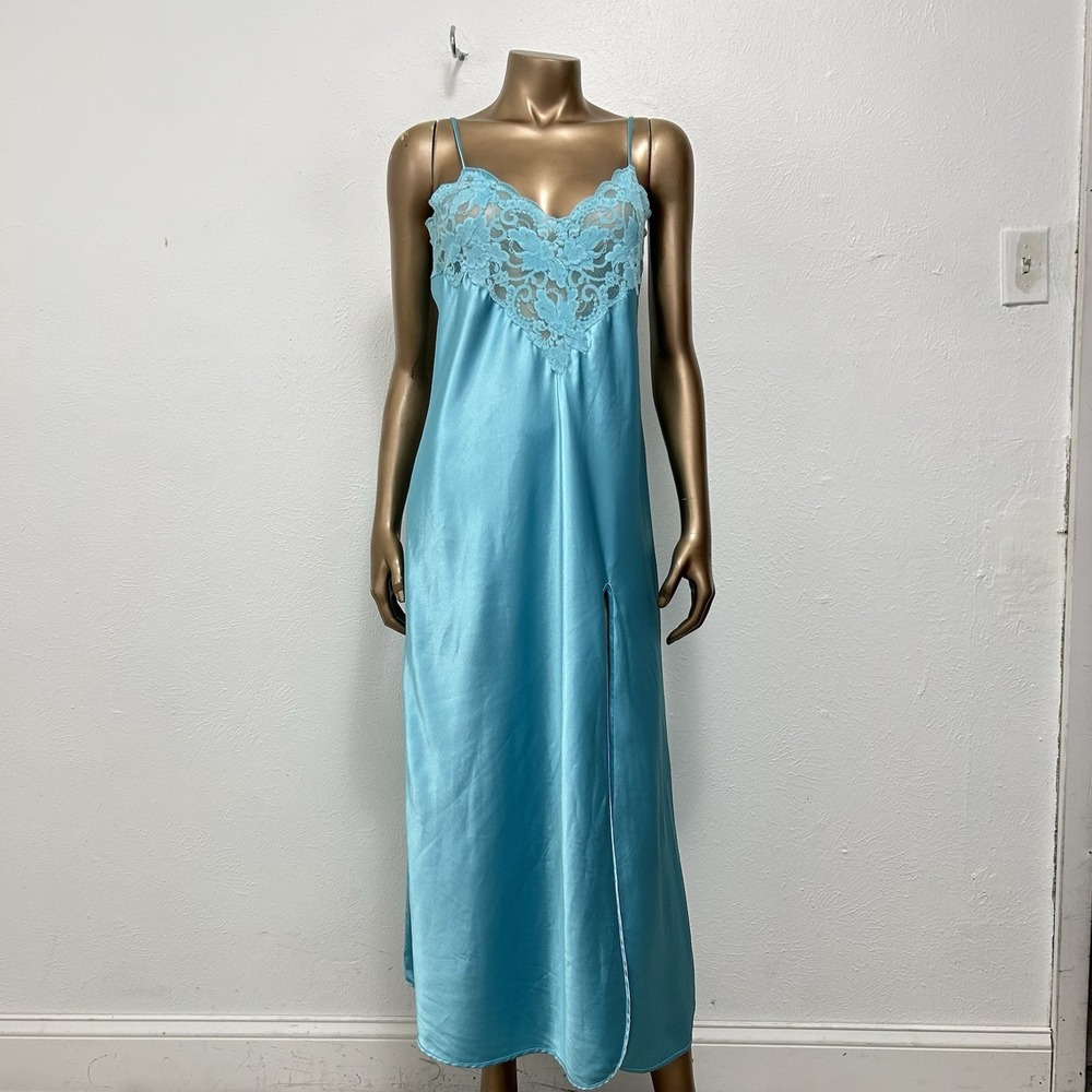 Vintage 90s Y2K Victorias Secret Blue Satin Maxi Slip Dress Sz M Lace Slit Gown
